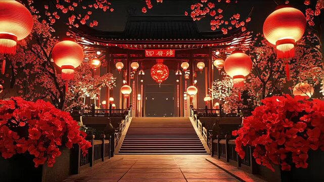 Chinese new year, Traditional Chinese lanterns display in Temple illuminated for Chinese new year festival, at night. Year of dragon