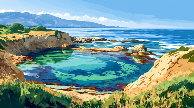 Sandy shoreline curves around tranquil turquoise waters and unique tidepool formations at this picturesque southern california coastal destination under a clear blue sky. Tidepool. Illustration