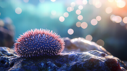 Sea urchin on rock, underwater bokeh. Tidepool. Illustration