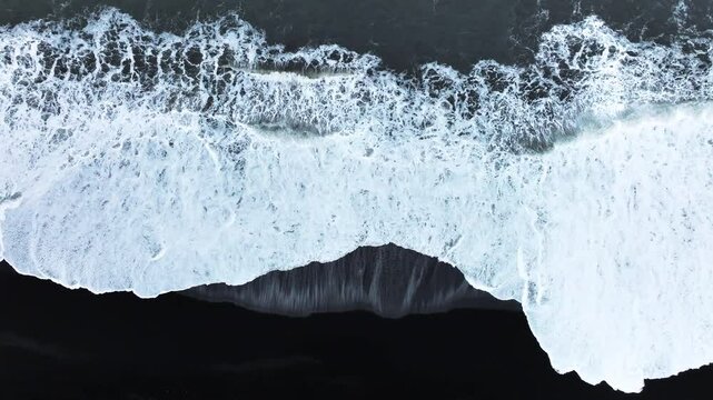 Abstract pattern in nature, Aerial view of black sand volcanic beach with crashing waves, Surreal nature drawing, Serene and tranquil landscape, Famous landmark of Iceland