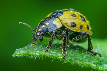 Naklejka premium Colorful beetle sitting on a green leaf in nature