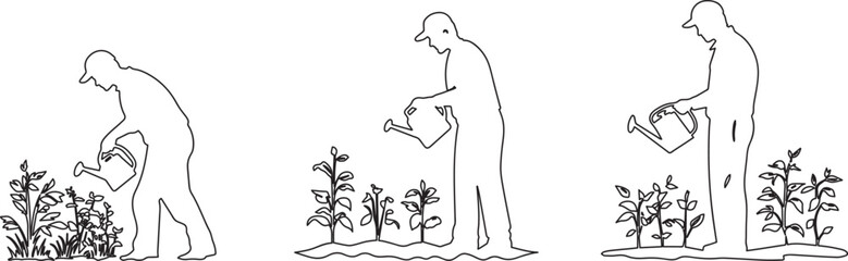 Silhouette of a farmer holding a watering can over plants vector silhouette
