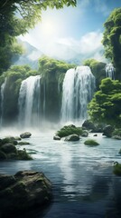 Stunning waterfall with crystal-clear water and sharp watermarks, soft natural light, empty space on the right side,generative ai illustration