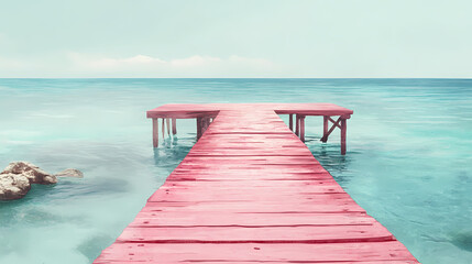 Obraz premium Serene seaside escape: a tranquil pink pier over crystal clear waters. Tidepool. Illustration