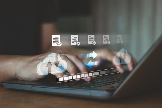 Data transfer technology concept. Cloud backup data download management, Exchange file copy, DMS loading. FTP(File Transfer Protocol) files recovery computer backup. Transfer document to data folder.