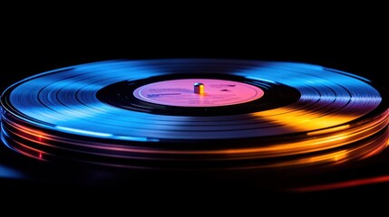 Vibrant rotating vinyl record with colorful light effects.