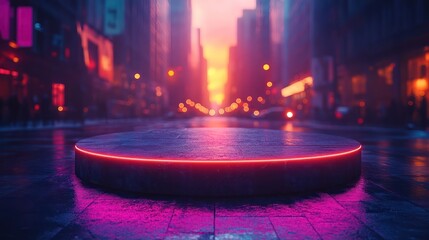 Urban Neon Glow: City Sunset with Futuristic Platform and Vibrant Colors