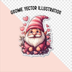  gnome vector with a heart and striped hat. A Pink gnome and hearts with a striped hat.