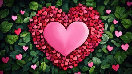 A vibrant heart composed of smaller hearts, elegantly framed by lush green leaves, symbolizing love and affection on Valentine's Day.