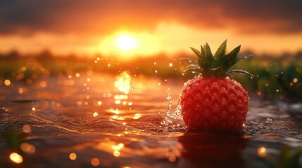 Vibrant sunset, a single, red pineapple, splashing water, beautiful, golden hour.