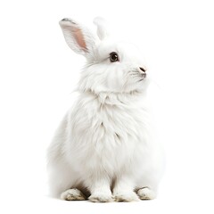 Obraz premium Fluffy white rabbit sitting, alert, isolated on white; Easter, pet, card.
