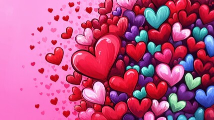 A collection of colorful hearts is scattered against a soft pink background, creating a romantic and festive atmosphere for Valentine's Day.