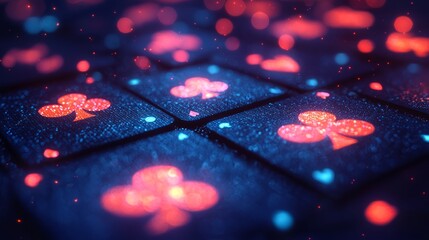Close-up of glowing digital playing cards with club symbols, bokeh background.