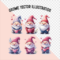  gnome vector with a heart and striped hat. A Pink gnome and hearts with a striped hat.