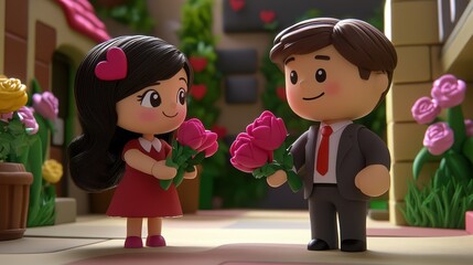 Fototapeta premium Two charming figurines, a man and a woman, tenderly holding flowers, embodying love and affection perfect for Valentine's Day celebrations.