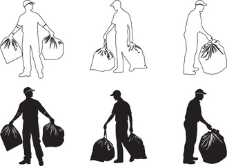 Silhouette of a garbage collector lifting trash bags vector silhouette