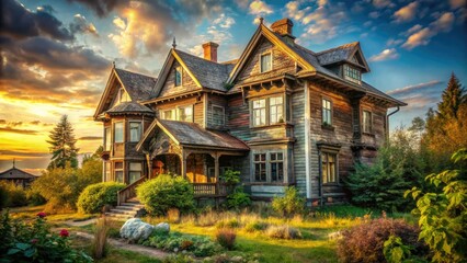 Fototapeta premium Majestic antique wooden mansion, large windows, rustic charm. Ideal real estate photography, showcasing vintage architectural details.