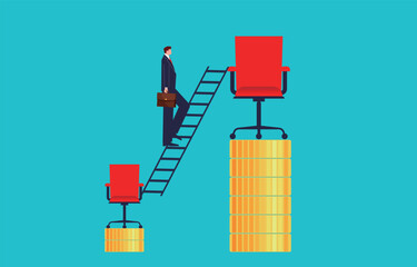 businessman climbing the ladder from a small low office chair to a large high office chair.