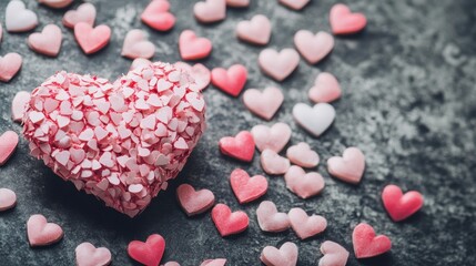 Obraz premium A vibrant heart-shaped candy surrounded by smaller heart motifs, embodying the spirit of love and affection for Valentine's Day celebrations.