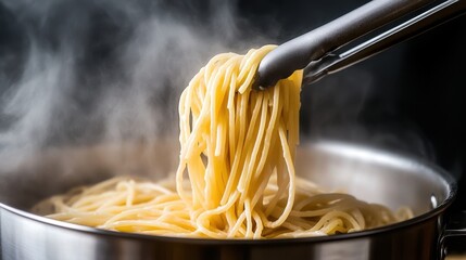 Close up of Steaming Spaghetti Being Lifted from a Pot with Tongs
