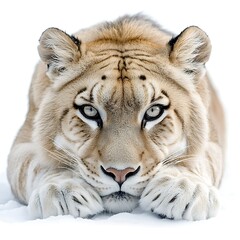 Obraz premium White tiger resting in snow, intense gaze. Wildlife photography for nature documentaries.
