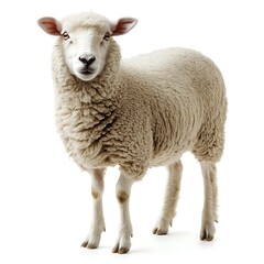 Fototapeta premium Fluffy sheep standing, white background, farm animal. (1)