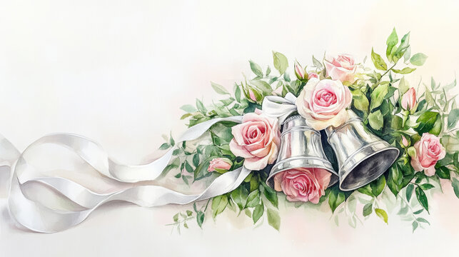 Valentine's Day delicate watercolor painting of wedding bells and roses, symbolizing love and celebration