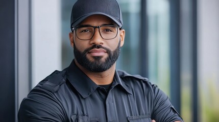 Obraz premium Confident man wearing black shirt and cap standing outside with arms crossed in urban background