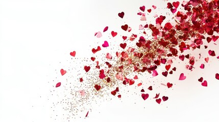 A whimsical scene depicting numerous hearts gracefully cascading from the sky against a pristine white backdrop, perfect for celebrating love.