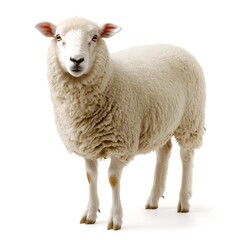 Fototapeta premium Fluffy sheep standing, white background, farm animal. (2)