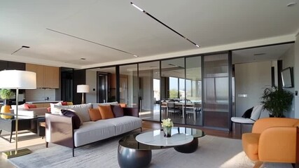 Modern house interior with sleek design and stylish furnishings. Zooming to 0.5x, the full view highlights the open layout, clean lines, and contemporary, elegant atmosphere.