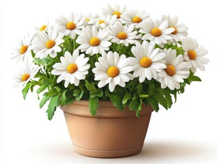 A vibrant pot of daisies, showcasing their bright white petals and yellow centers.