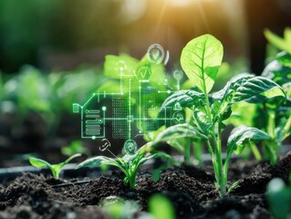 Innovative agricultural technology enhances plant growth farm field digital visualization natural environment close-up sustainable practices