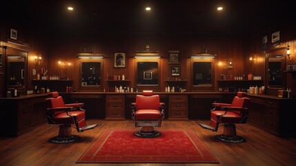 Vintage barbershop interior, dimly lit with red barber chairs and wooden walls.