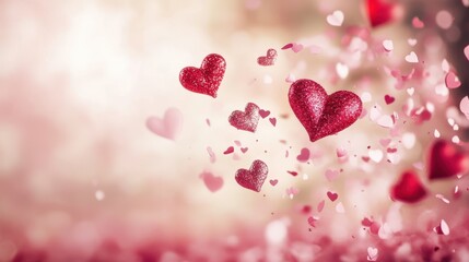 Obraz premium Floating hearts adorn a soft pink backdrop, creating a romantic atmosphere perfect for Valentine's Day celebrations.