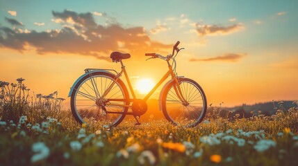 Naklejka premium Vintage bicycle in a field at sunset.