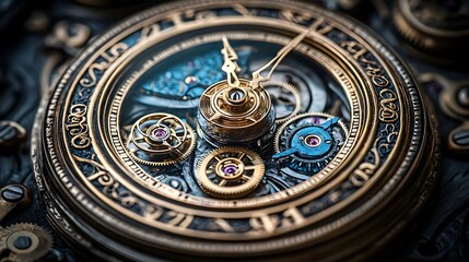 Obraz premium Close-up of intricate clock mechanism, showcasing gears, hands, and detailed craftsmanship.