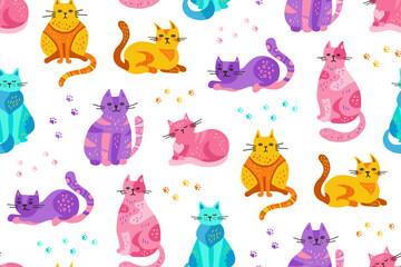 Cats hand drawn childish endless pattern. Cute cartoon kitten repeat wallpaper. Funny cats in different poses seamless design for paper print, fabric textile, wrapper backdrop template vector for kids