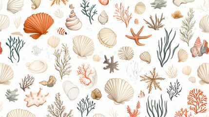 Beautiful underwater marine life pattern featuring shells, coral, and sea creatures in soft colors on a light background. Tidepool. Illustration