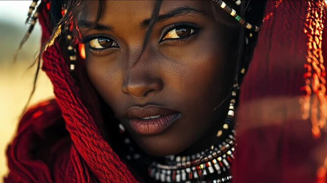 Intense gaze of Masai woman with traditional jewelry