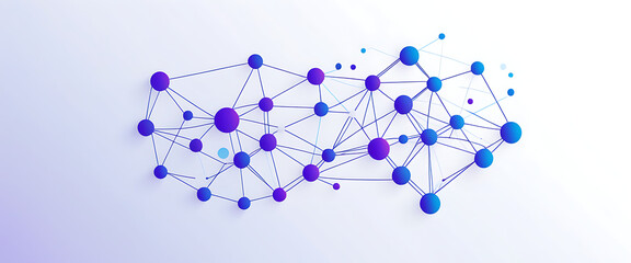 white background, gradient blue to purple, vector graphic of simple lines and dots connecting the shape of an AI network.
