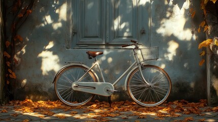 Obraz premium Vintage bicycle leaning against a light gray wall with autumn leaves. Sunlight casts shadows on the wall and bike.