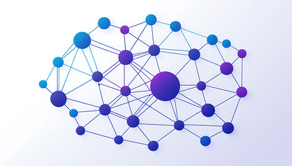 white background, gradient blue to purple, vector graphic of simple lines and dots connecting the shape of an AI network.
