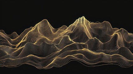 Obraz premium Abstract line art of mountains in gold with a black backdrop, ideal for modern print or packaging. 