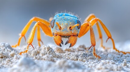Ant on light sand, face forward, white-grey blurred background. Stock image.
