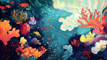 Colorful underwater scene with vibrant corals and fish, serene ocean depth. Tidepool. Illustration