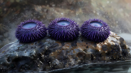 Obraz premium Detailed illustration of four purple sea urchins on a rock. Tidepool. Illustration