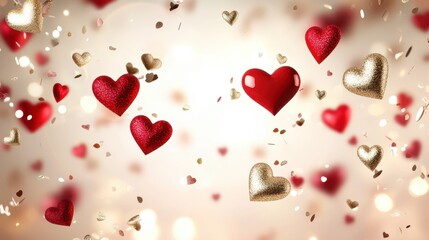 Obraz premium Colorful hearts float through the air amidst a backdrop of confetti and glitter, creating a festive atmosphere perfect for Valentine's celebrations.