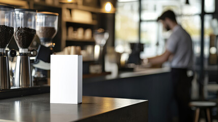 A flyer mockup placed on a café counter, ready for customization. In the blurred background, a barista is actively preparing drinks, adding a lively and authentic coffee shop ambiance.