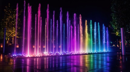 A vibrant illuminated fountain display at night, showcasing colorful water jets.